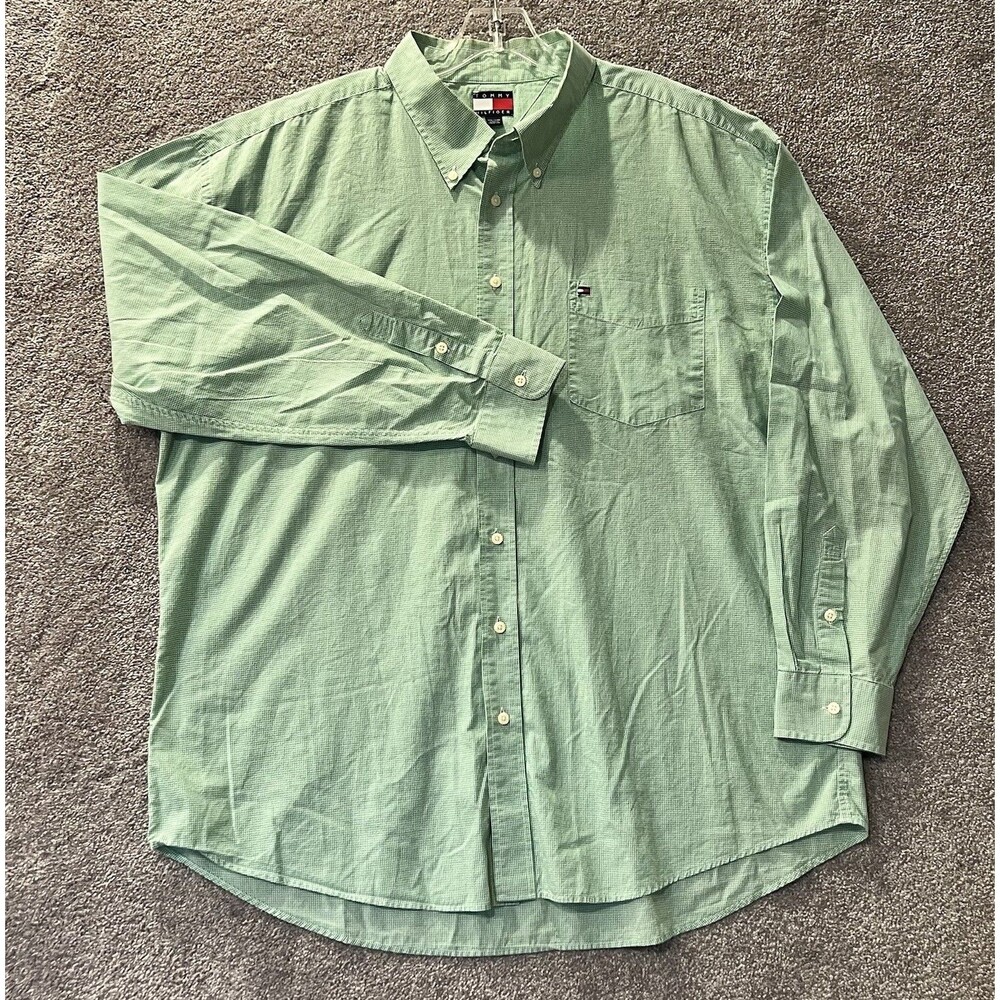 Vintage Tommy Hilfiger Button Down Shirt Mens XXL Green Gingham Plaid 90s Flaw